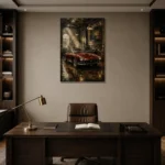 Charcoal and Deep Red Vintage Garage Wall Art Canvas Print displayed in a contemporary gallery-inspired room