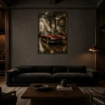 Charcoal and Deep Red Vintage Garage Wall Art Canvas Print shown in a warm modern interior