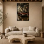 Charcoal and Deep Red Vintage Garage Wall Art Canvas Print presented in a sophisticated home setting