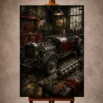 Charcoal and red Vintage Garage Wall Art print featuring a handcrafted classic roadster in an artisan workshop