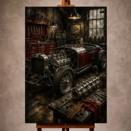 Charcoal and red Vintage Garage Wall Art print featuring a handcrafted classic roadster in an artisan workshop