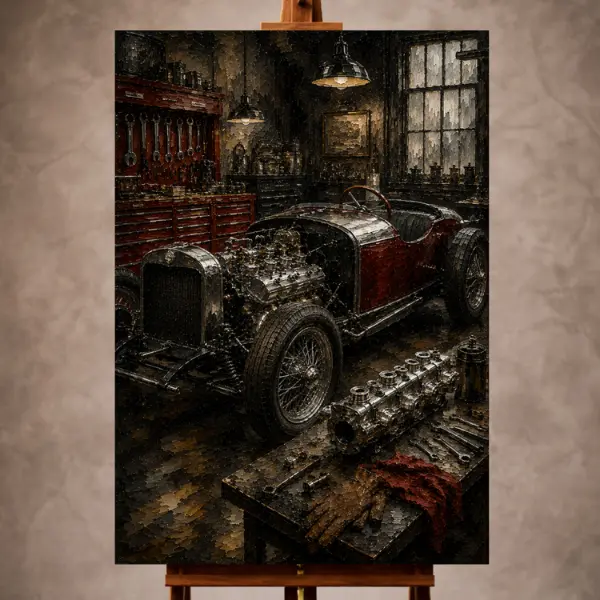 Premium Wall Art Dikey Html Edition – THECİNEMAGARA037 Image 1 Charcoal and red Vintage Garage Wall Art print featuring a handcrafted classic roadster in an artisan workshop