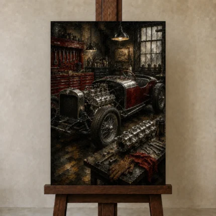 Charcoal Roadster Workshop Vintage Garage Wall Art Canvas Print shown in Studio Easel