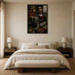 Charcoal Roadster Workshop Vintage Garage Wall Art Canvas Print showcased in an elegant minimalist interior