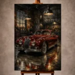 Crimson and charcoal Vintage Garage Wall Art print featuring a sleek vintage coupe beneath industrial pendant lights