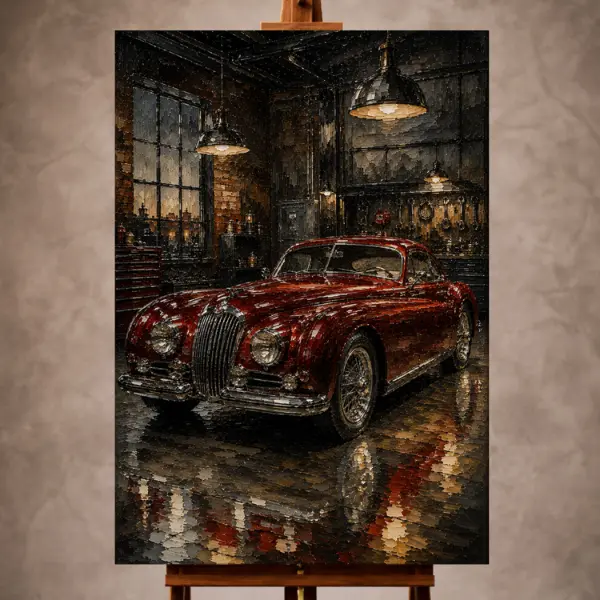 Premium Wall Art Dikey Html Edition – THECİNEMAGARA038 Image 1 Crimson and charcoal Vintage Garage Wall Art print featuring a sleek vintage coupe beneath industrial pendant lights