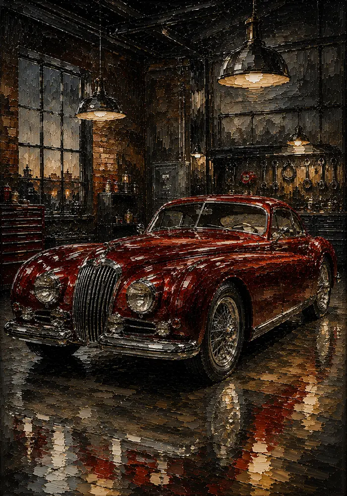 Crimson Coupe Vintage Garage Wall Art Canvas Print