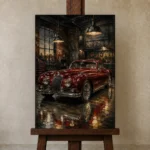 Crimson Coupe Vintage Garage Wall Art Canvas Print displayed on a studio easel