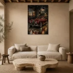 Crimson Coupe Vintage Garage Wall Art Canvas Print presented in a sophisticated home setting