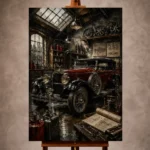Charcoal and aged bronze Vintage Garage Wall Art print featuring a preserved pre-war touring car in a heritage workshop