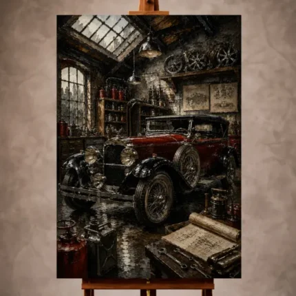Charcoal and aged bronze Vintage Garage Wall Art print featuring a preserved pre-war touring car in a heritage workshop