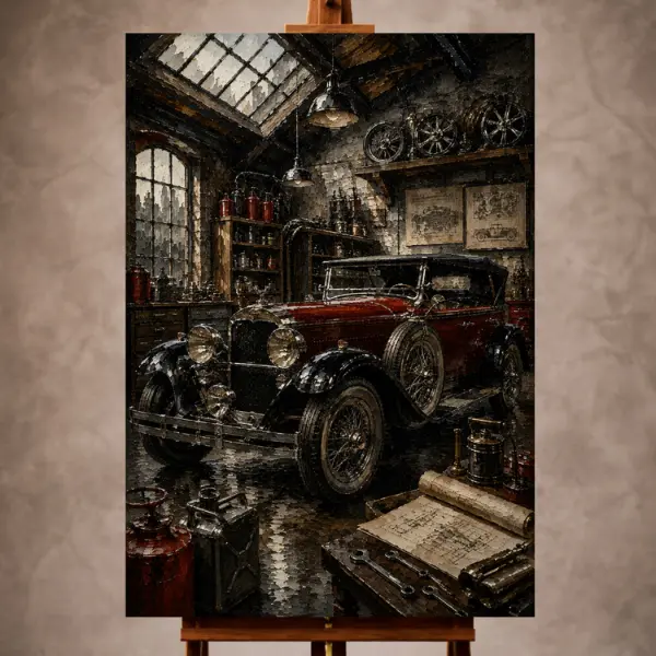 Premium Wall Art Dikey Html Edition – THECİNEMAGARA039 Image 1 Charcoal and aged bronze Vintage Garage Wall Art print featuring a preserved pre-war touring car in a heritage workshop