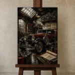 Heritage Touring Car Vintage Garage Wall Art Canvas Print displayed on a studio easel