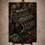 Charcoal and chrome Vintage Garage Wall Art print featuring a restored engine with pipes, belts, and precision tools