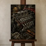 Restored Engine Vintage Garage Wall Art Canvas Print displayed on a studio easel