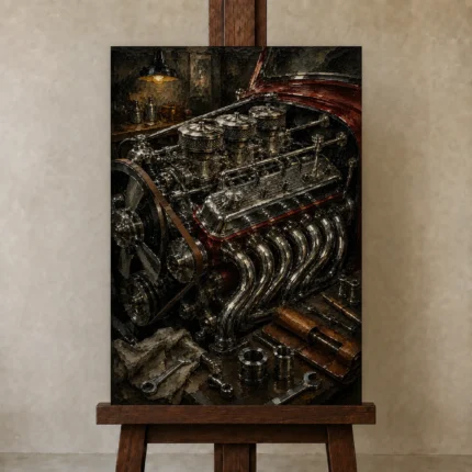 Restored Engine Vintage Garage Wall Art Canvas Print shown in Studio Easel