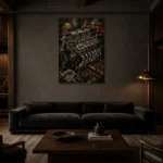 Restored Engine Vintage Garage Wall Art Canvas Print shown in a warm modern interior