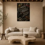 Restored Engine Vintage Garage Wall Art Canvas Print presented in a sophisticated home setting