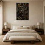 Restored Engine Vintage Garage Wall Art Canvas Print showcased in an elegant minimalist interior