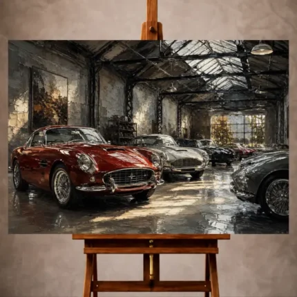 Charcoal and deep red Vintage Garage Wall Art print featuring classic grand touring automobiles in a heritage garage