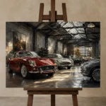 Heritage Grand Touring Collection Vintage Garage Wall Art Canvas Print displayed on a studio easel