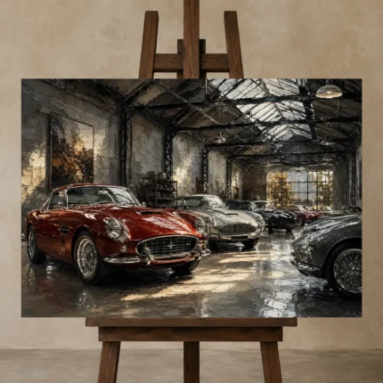 Heritage Grand Touring Collection Vintage Garage Wall Art Canvas Print shown in Studio Easel