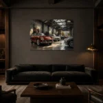 Heritage Grand Touring Collection Vintage Garage Wall Art Canvas Print shown in a warm modern interior