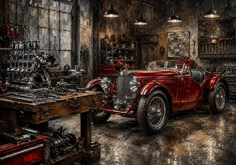 Crimson Roadster Workshop Vintage Garage Wall Art Canvas Print