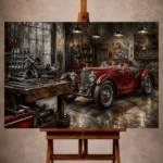 Charcoal and crimson Vintage Garage Wall Art print featuring a handcrafted roadster in an elegant restoration workshop
