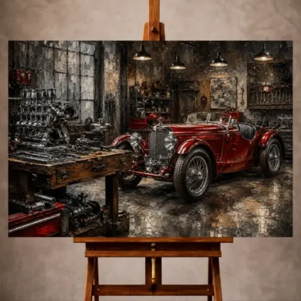 Charcoal and crimson Vintage Garage Wall Art print featuring a handcrafted roadster in an elegant restoration workshop