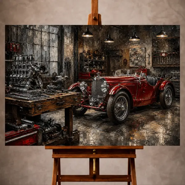 Premium Wall Art Yatay Html Edition – THECİNEMAGARA042 Image 1 Charcoal and crimson Vintage Garage Wall Art print featuring a handcrafted roadster in an elegant restoration workshop