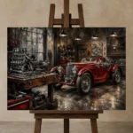 Crimson Roadster Workshop Vintage Garage Wall Art Canvas Print displayed on a studio easel