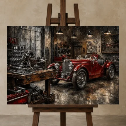 Crimson Roadster Workshop Vintage Garage Wall Art Canvas Print shown in Studio Easel