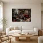 Crimson Roadster Workshop Vintage Garage Wall Art Canvas Print styled in a refined neutral interior