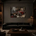Crimson Roadster Workshop Vintage Garage Wall Art Canvas Print shown in a warm modern interior