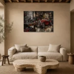Crimson Roadster Workshop Vintage Garage Wall Art Canvas Print presented in a sophisticated home setting
