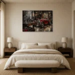 Crimson Roadster Workshop Vintage Garage Wall Art Canvas Print showcased in an elegant minimalist interior