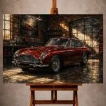 Charcoal and rich red Vintage Garage Wall Art print featuring a classic coupe in a brick-walled garage with golden light