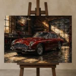 Golden Light Classic Coupe Vintage Garage Wall Art Canvas Print displayed on a studio easel