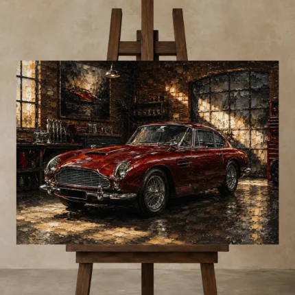 Golden Light Classic Coupe Vintage Garage Wall Art Canvas Print shown in Studio Easel