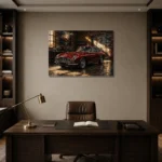 Golden Light Classic Coupe Vintage Garage Wall Art Canvas Print displayed in a contemporary gallery-inspired room
