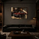 Golden Light Classic Coupe Vintage Garage Wall Art Canvas Print shown in a warm modern interior