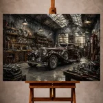 Charcoal and muted burgundy Vintage Garage Wall Art print featuring a pre-war luxury automobile in an expansive heritage workshop