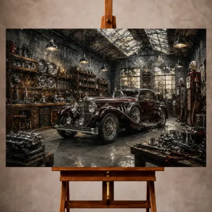 Charcoal and muted burgundy Vintage Garage Wall Art print featuring a pre-war luxury automobile in an expansive heritage workshop