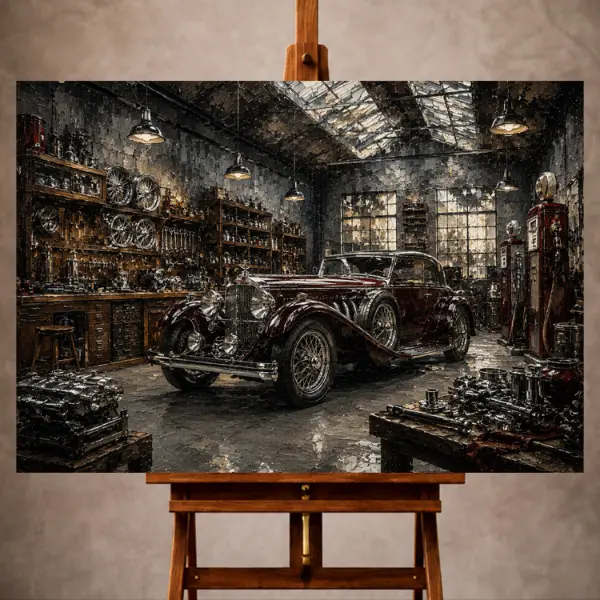 Premium Wall Art Yatay Html Edition – THECİNEMAGARA044 Image 1 Charcoal and muted burgundy Vintage Garage Wall Art print featuring a pre-war luxury automobile in an expansive heritage workshop