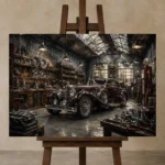 Burgundy Pre-War Automobile Vintage Garage Wall Art Canvas Print displayed on a studio easel