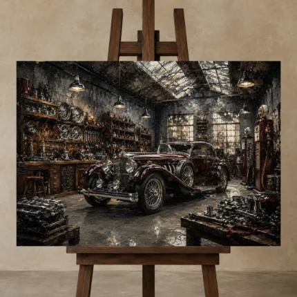 Burgundy Pre-War Automobile Vintage Garage Wall Art Canvas Print shown in Studio Easel