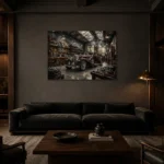 Burgundy Pre-War Automobile Vintage Garage Wall Art Canvas Print shown in a warm modern interior