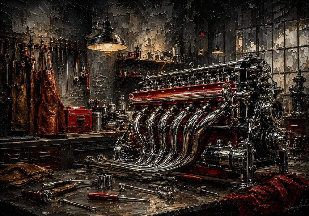 Panoramic Engine Vintage Garage Wall Art Canvas Print