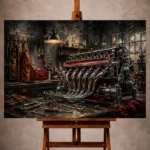 Charcoal and chrome Vintage Garage Wall Art print featuring a handcrafted engine, exhaust headers, and polished workshop tools